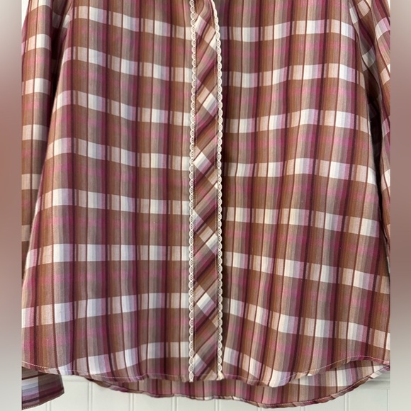 SHAPELY Cottagecore Prairie Mock Neck Button Down Plaid Maroon Shirt Size 12 - Picture 3 of 7